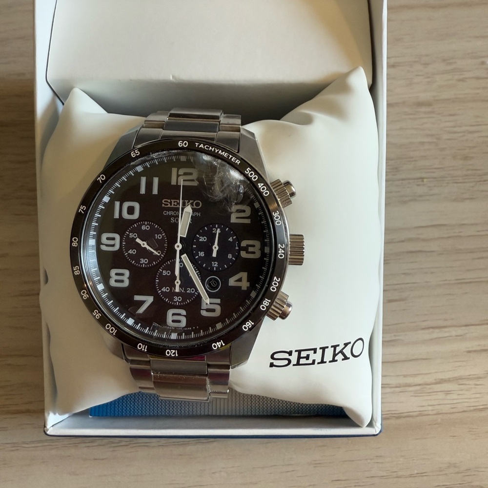 Seiko Black and Silver Tachymeter Watch